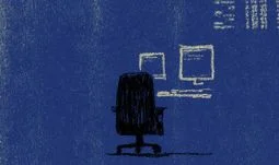 an empty blue chair on a trading floor 
