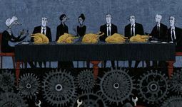 some bankers eating golden chickens