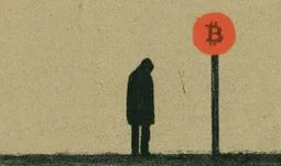 a man standing by a bus stop with a bitcoin sign 