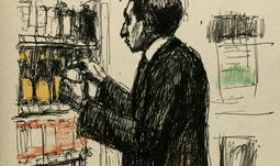 a young man in a suit stacking shelves 