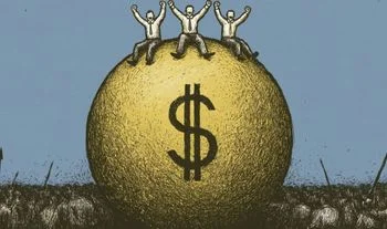 bankers sitting on a large golden ball with a dollar sign on it, surrounded 