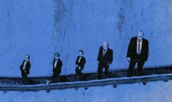 Barclays bankers on a conveyor belt 