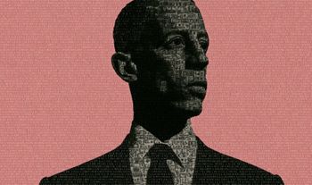a banker against a pink background with binary code 