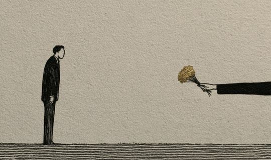 a trader being offered a golden bunch of flowers 