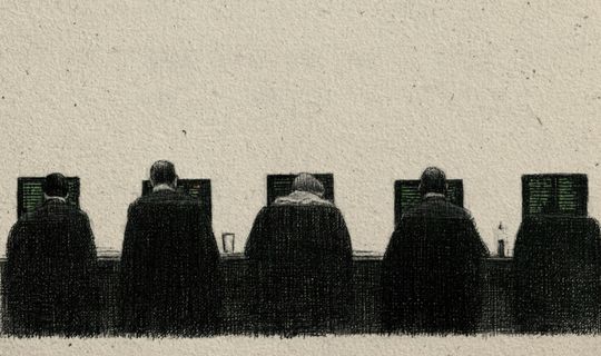 a row of men sitting at trading desks
