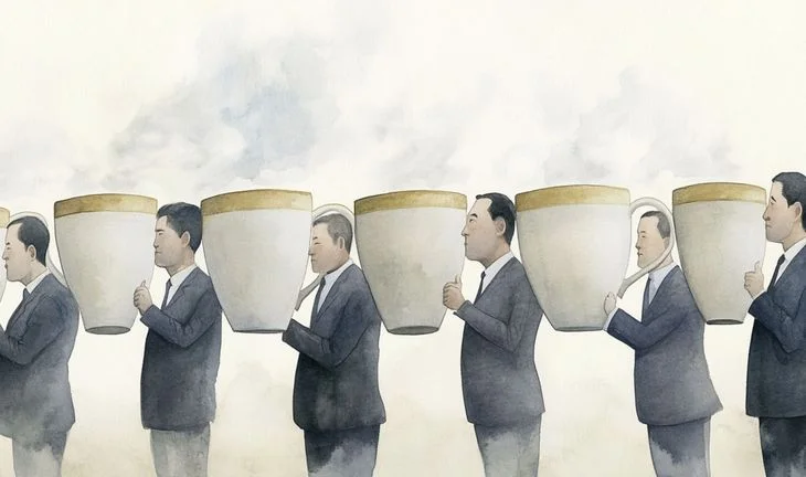 a row of chinese bankers carrying large coffee cups