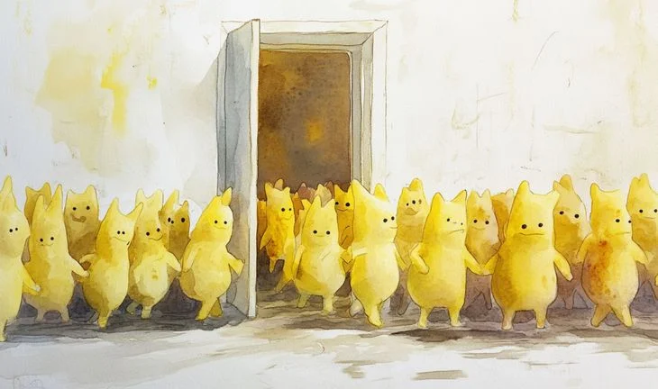 some small yellow figures walking through a door 