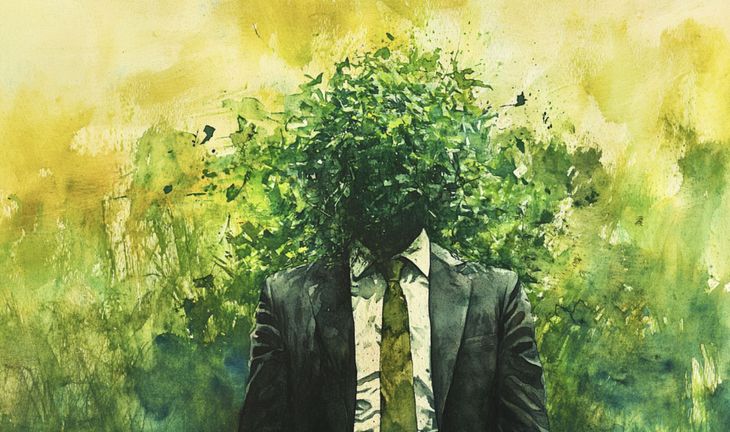 a suited man with a hedge for a head 