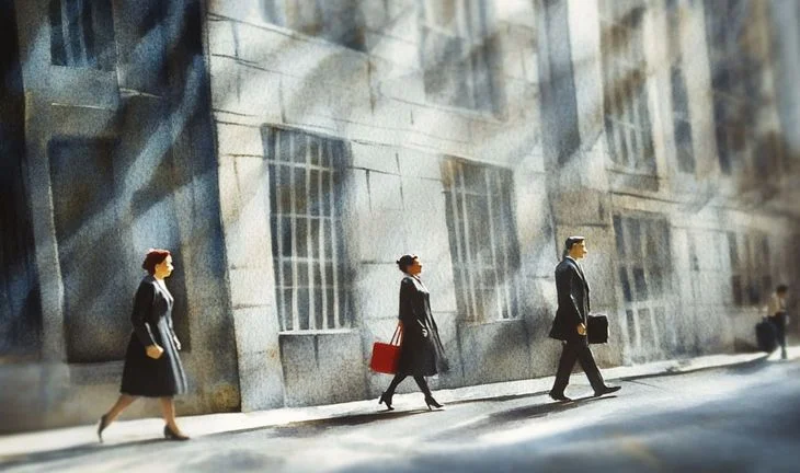 Two women and a man in a London Street, dappled light