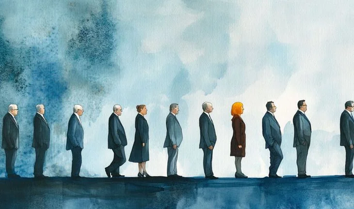 a row of pensive bankers
