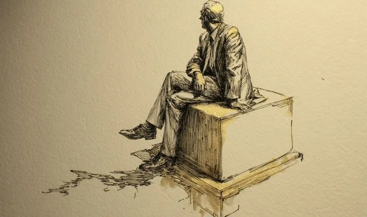 A man sitting on a block