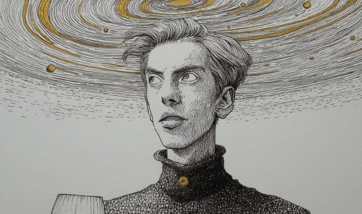 leopold aschenbrenner with wine and a galaxy swirling around his head