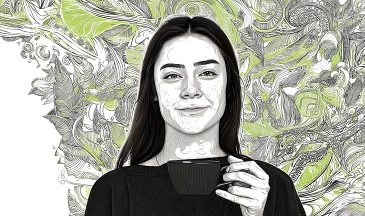 a woman drinking coffee with leaves behind her
