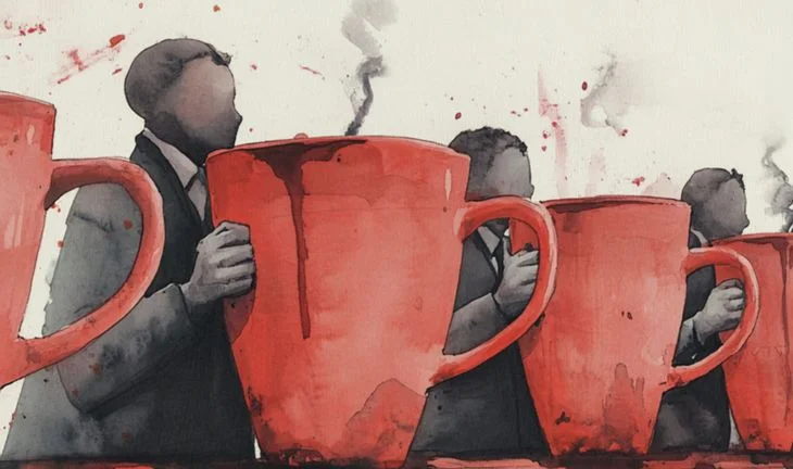 some shadowy grey figures holding giant red mugs