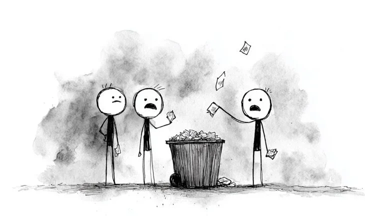 stick men throwing paper into a bin