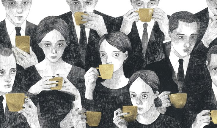 worried junior bankers drinking coffee 