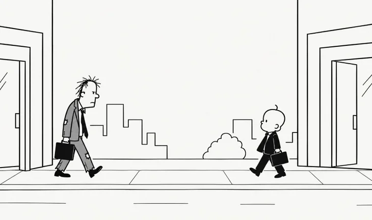 A cartoon of an old man and a baby leaving opposing offices.