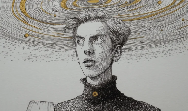 leopold aschenbrenner with wine and a galaxy swirling around his head