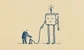 line drawing of man in suit pumping up a robot